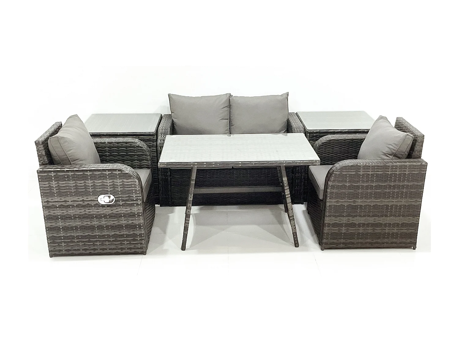 Fimous Outdoor Garden Furniture Set Rattan Sofa Dining Table Set with Reclining Chair 2 Side Tables Dark Grey Mixed