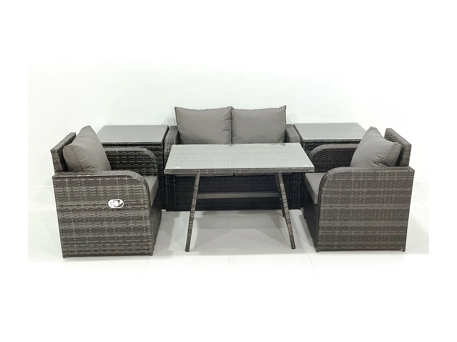 Fimous Outdoor Garden Furniture Set Rattan Sofa Dining Table Set with Reclining Chair 2 Side Tables Dark Grey Mixed