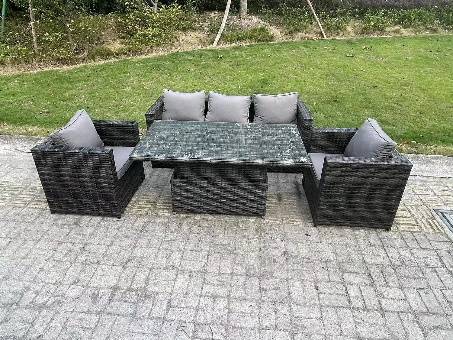 5 places Salon de Jardin en Résine Tressée Ensemble Repas de Jardin Exterieur Gris foncé mixte