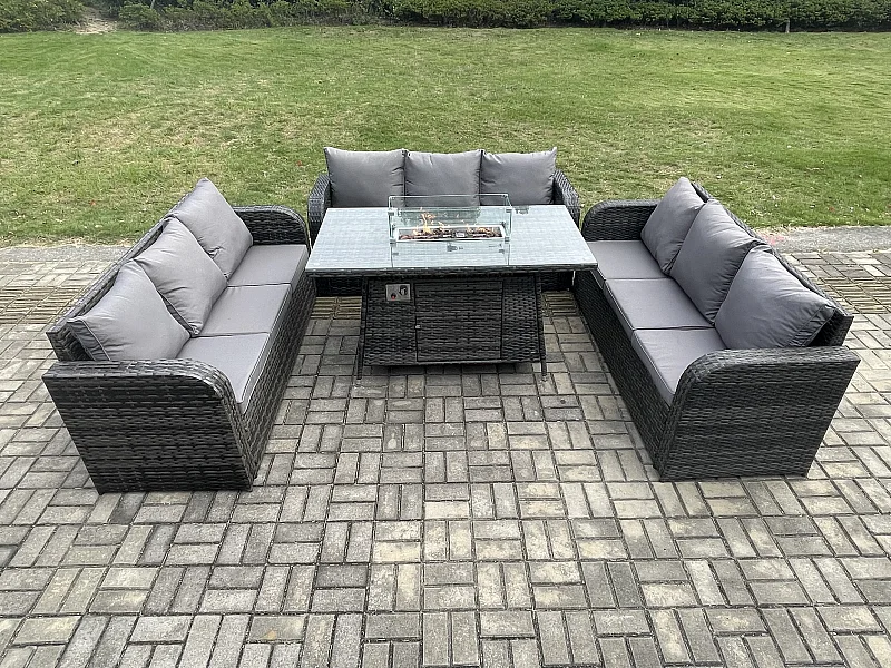 Polyrattan Gartenmöbel Set mit Gasfeuerstelle Esstisch 4 Stücke Garten Sofa im Freien Set Dunkelgrau Gemischt