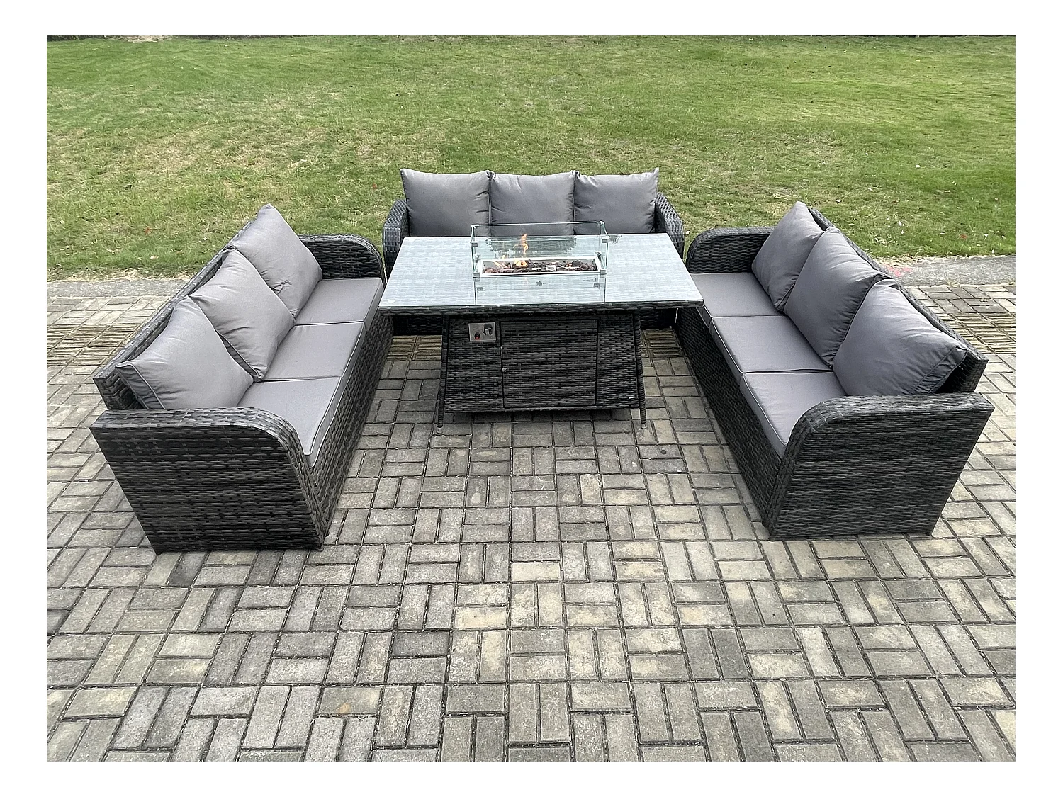 Polyrattan Gartenmöbel Set mit Gasfeuerstelle Esstisch 4 Stücke Garten Sofa im Freien Set Dunkelgrau Gemischt