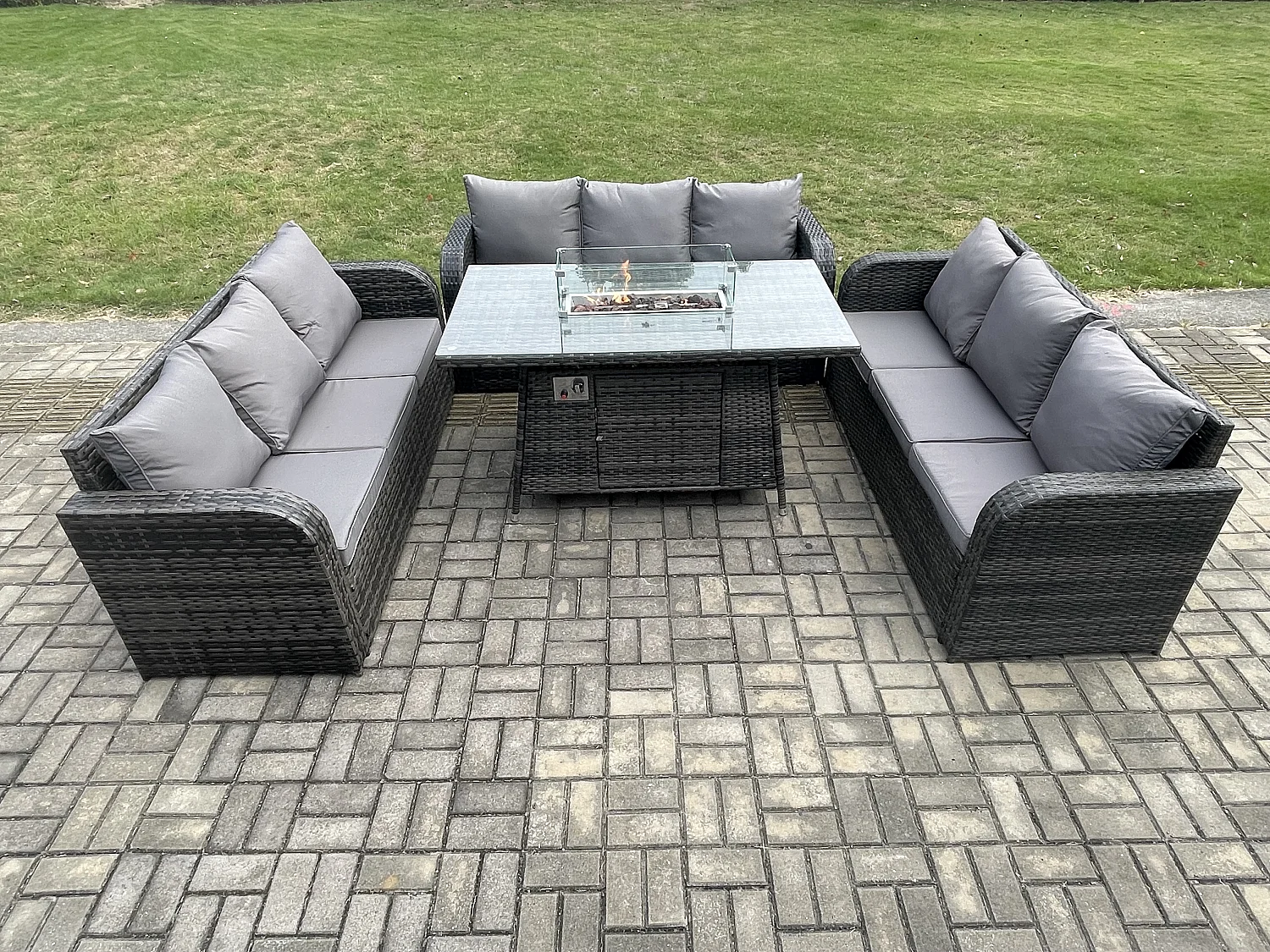 Salon de jardin avec Table de foyer à gaz 4 Pièces Ensemble de canapés en rotin Gris foncé mixte