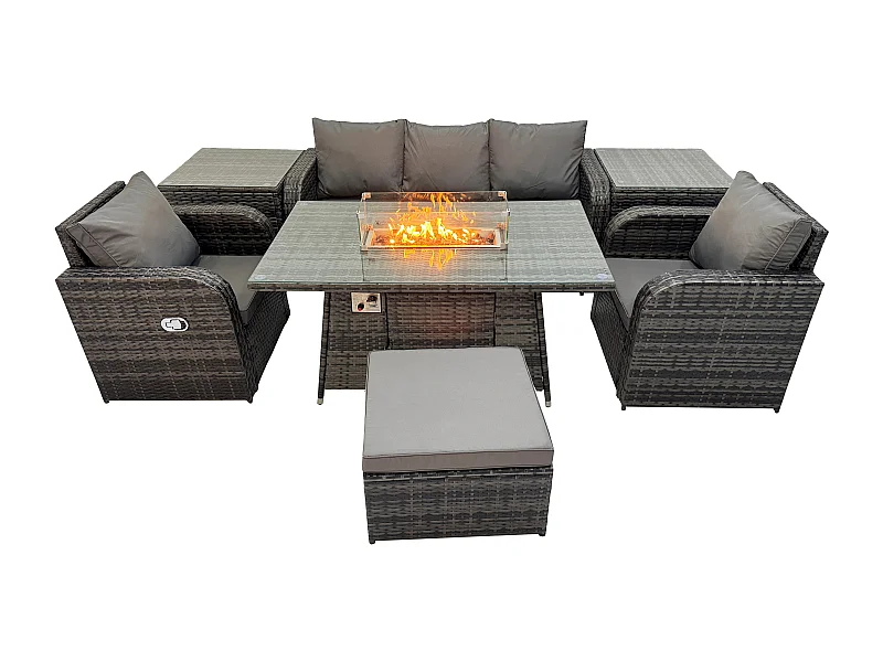 Ensemble de meubles de jardin en polyrotin Table de foyer à gaz Intérieur Extérieur avec 2 Tables d'appoint Fauteuil Tabouret