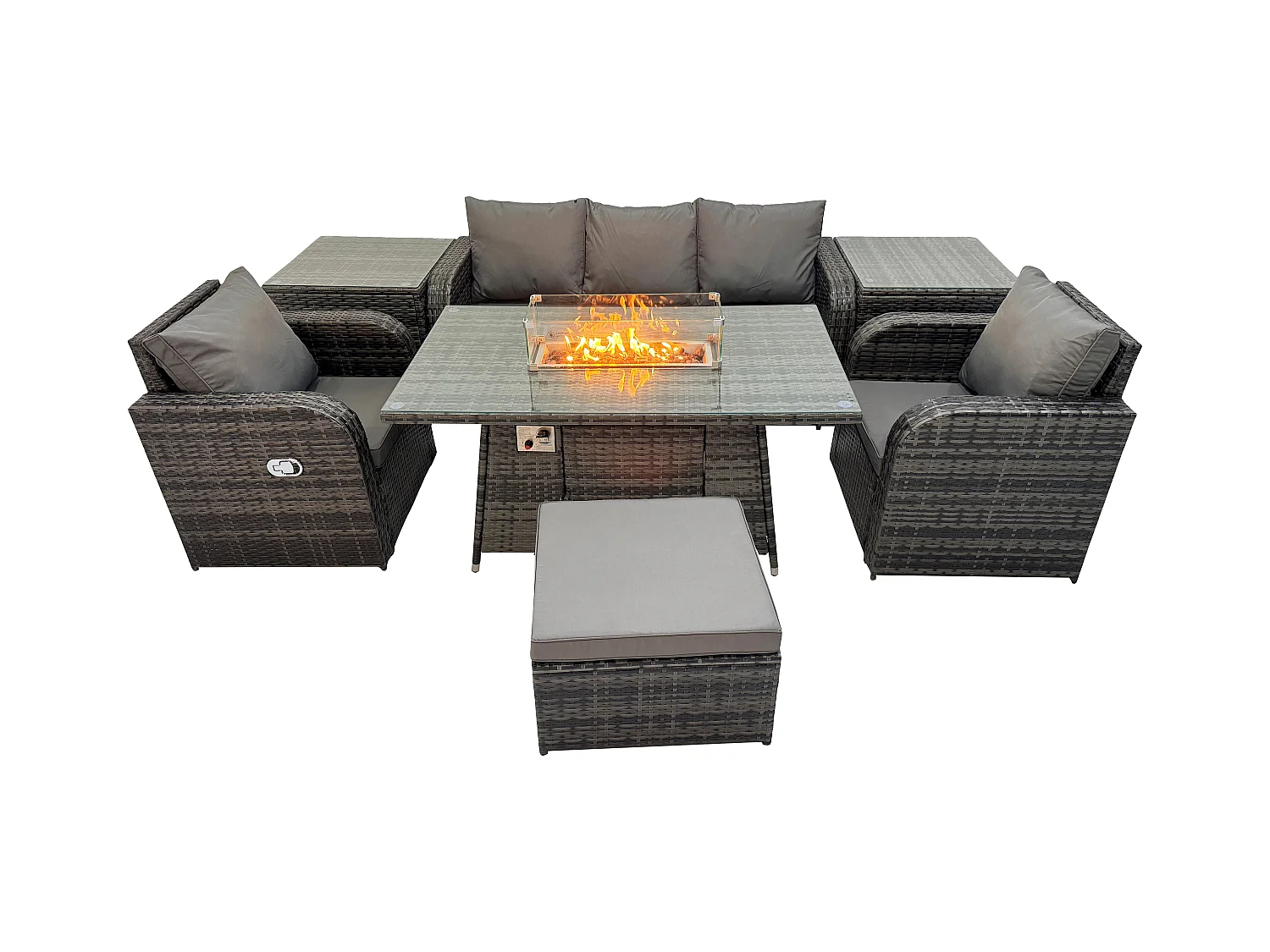 Polyrattan Gartenmöbel set Gas Feuerstelle Esstisch mit 2 Beistelltischen Sessel Fußhocker