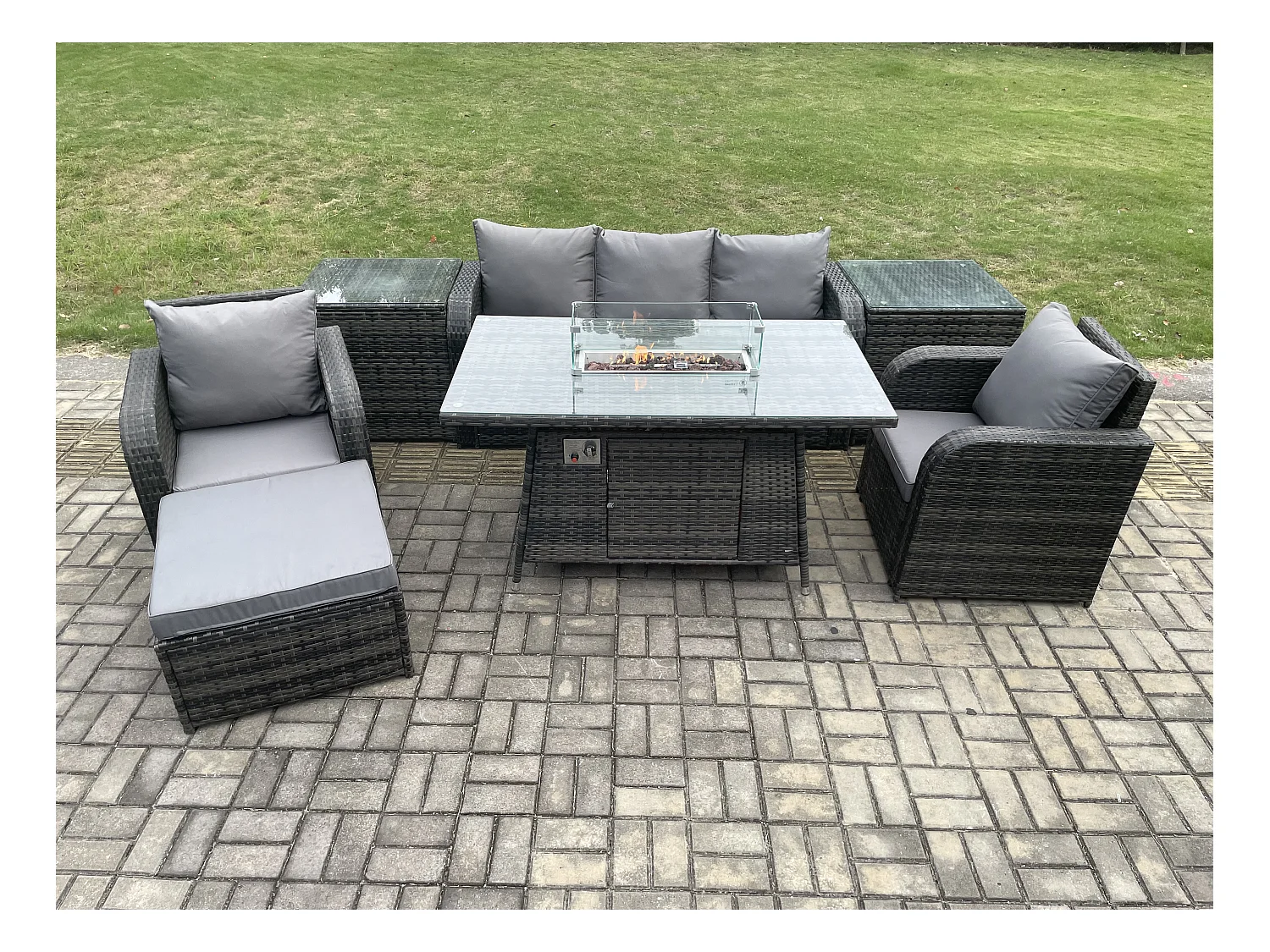 Polyrattan Gartenmöbel set Gas Feuerstelle Esstisch mit 2 Beistelltischen Sessel Fußhocker