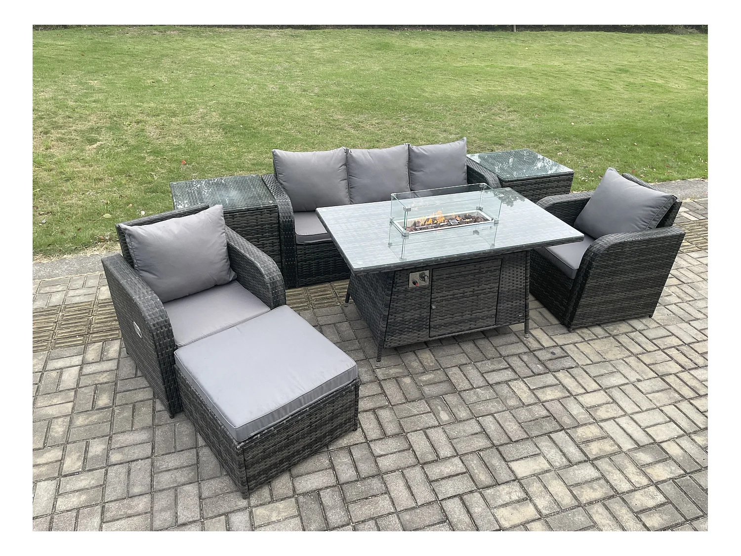 Polyrattan Gartenmöbel set Gas Feuerstelle Esstisch mit 2 Beistelltischen Sessel Fußhocker