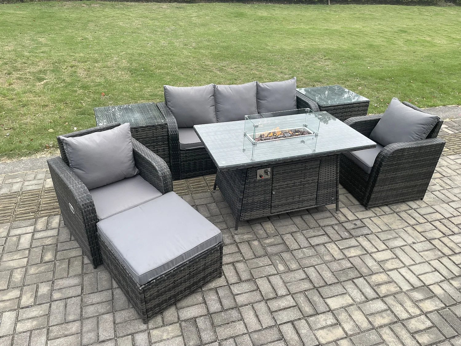 Polyrattan Gartenmöbel set Gas Feuerstelle Esstisch mit 2 Beistelltischen Sessel Fußhocker