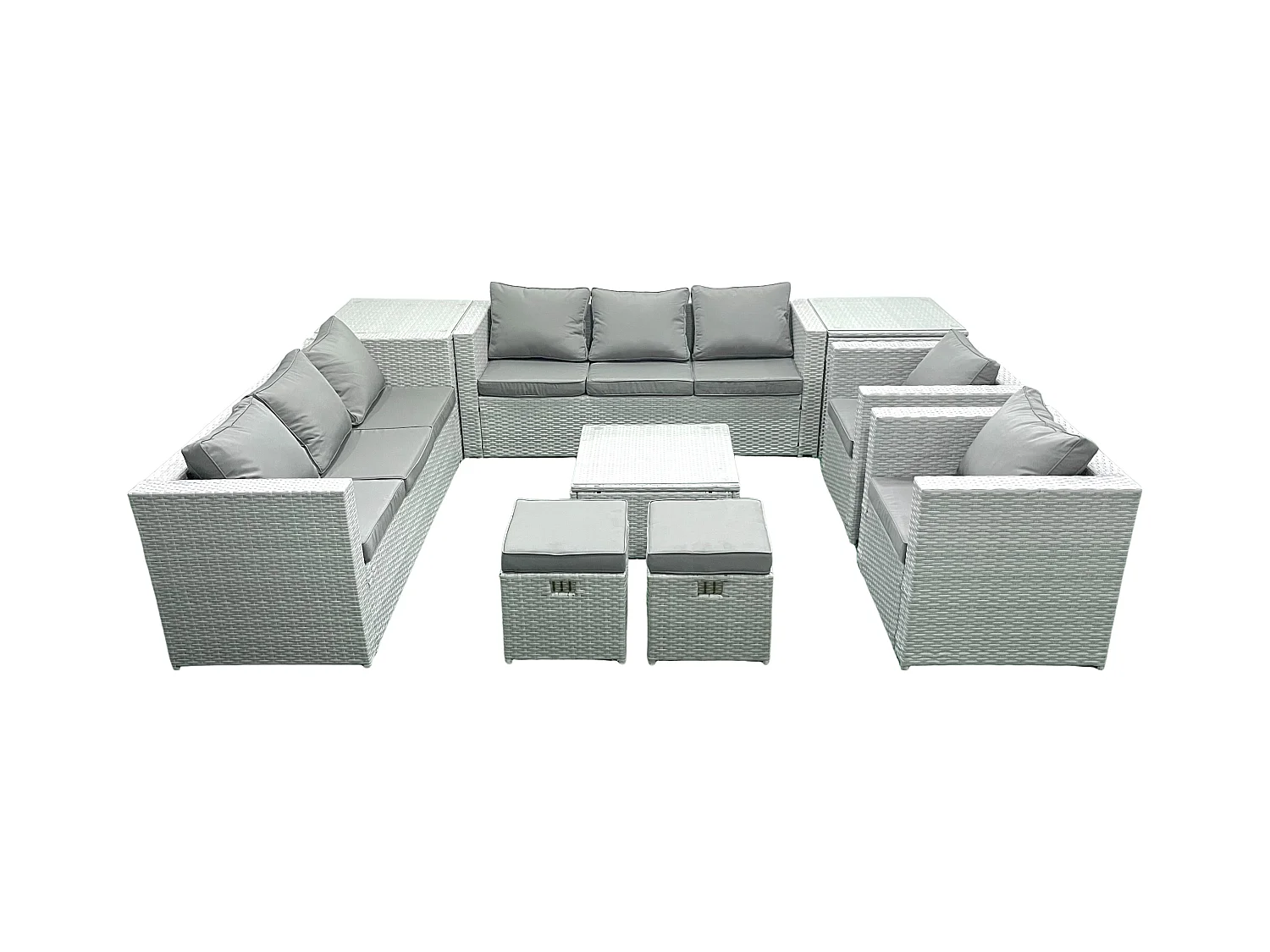 Salon de Jardin en rotin avec 2 Fauteuil Table basse carrée 2 Petits tabourets 2 Tables d'appoint Gris clair mixte