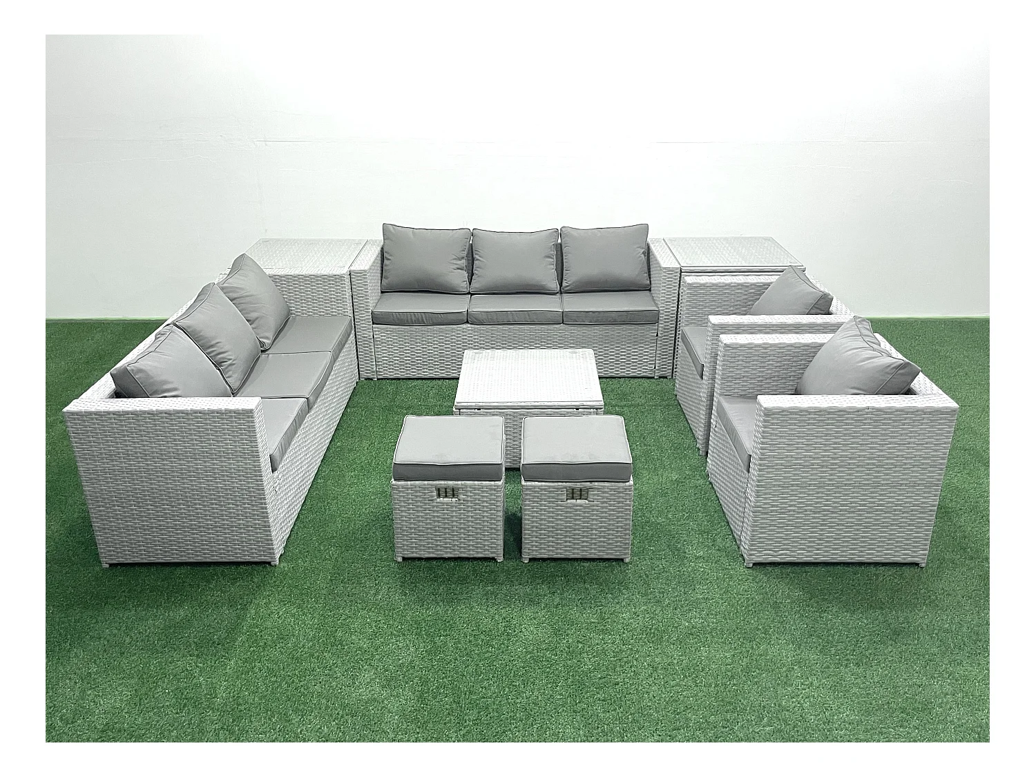 Salon de Jardin en rotin avec 2 Fauteuil Table basse carrée 2 Petits tabourets 2 Tables d'appoint Gris clair mixte