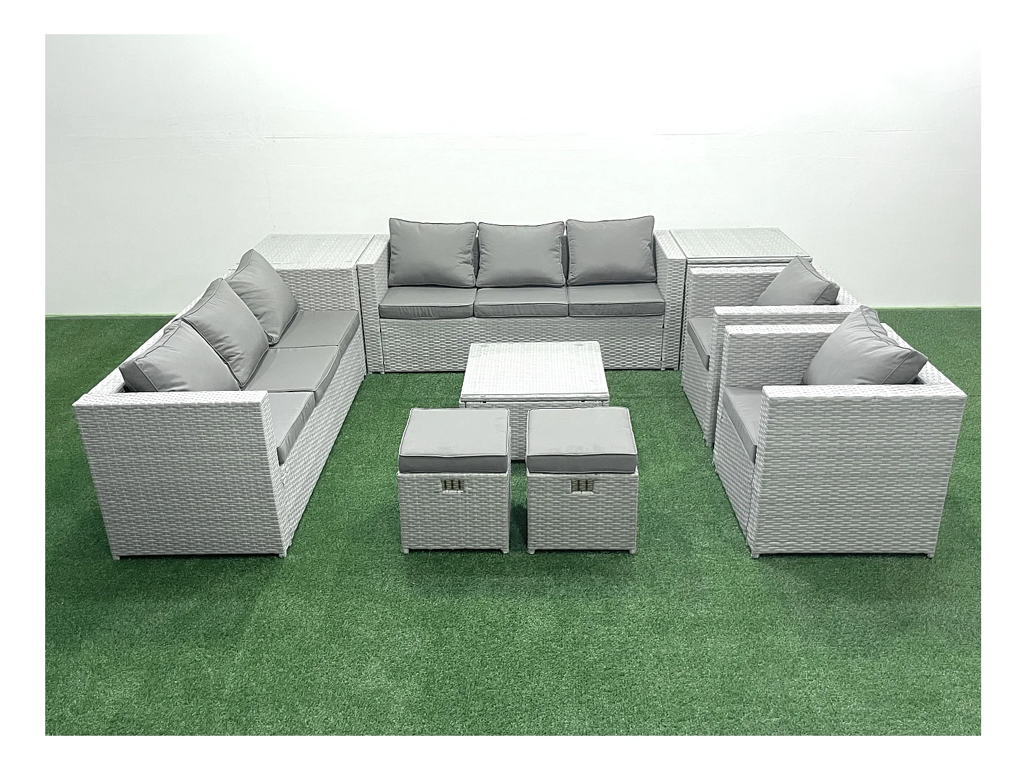 Salon de Jardin en rotin avec 2 Fauteuil Table basse carrée 2 Petits tabourets 2 Tables d'appoint Gris clair mixte