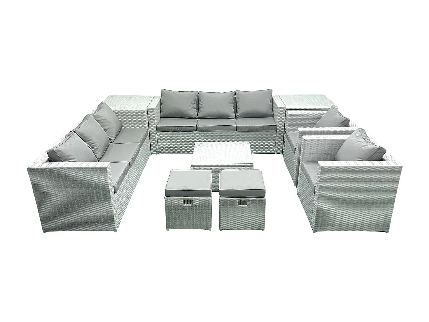 Salon de Jardin en rotin avec 2 Fauteuil Table basse carrée 2 Petits tabourets 2 Tables d'appoint Gris clair mixte