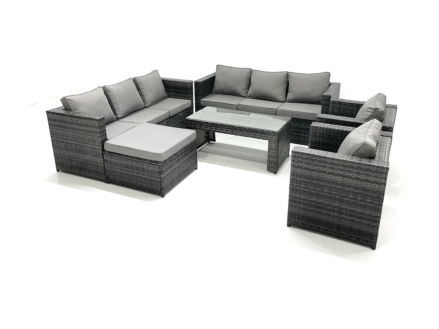 Polyrattan Gartenmöbel set mit Couchtisch Sessel 2 Großer Hockern Dunkelgrau Gemischt