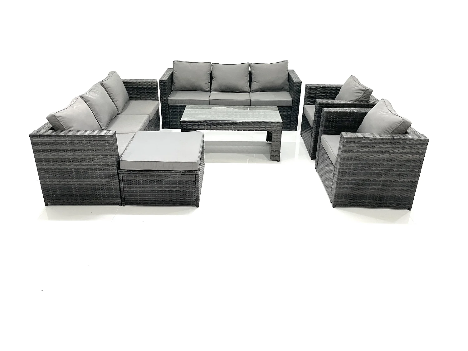 Polyrattan Gartenmöbel set mit Couchtisch Sessel 2 Großer Hockern Dunkelgrau Gemischt