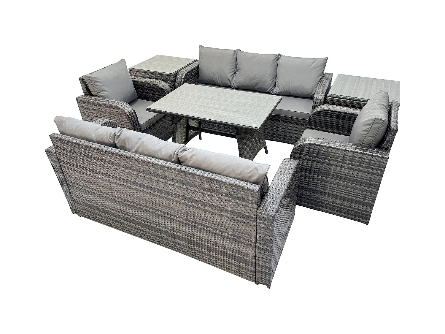 8-Sitzer Rattan Gartenmöbel Sofa Set Tisch & Stühle Set mit 3-Sitzer Sofa Rechteckiger Esstisch 2 Beistelltischen Dunkelgrau Gemischt