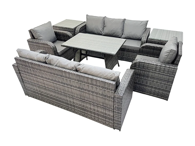 8-Sitzer Rattan Gartenmöbel Sofa Set Tisch & Stühle Set mit 3-Sitzer Sofa Rechteckiger Esstisch 2 Beistelltischen Dunkelgrau Gemischt