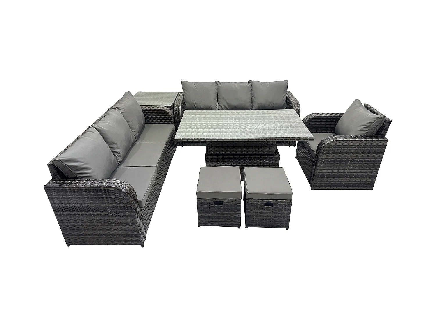 Salon de jardin Table à manger réglable en hauteur Canapé avec Chaise inclinable Table d'appoint 2 Petits tabourets Gris foncé mixte