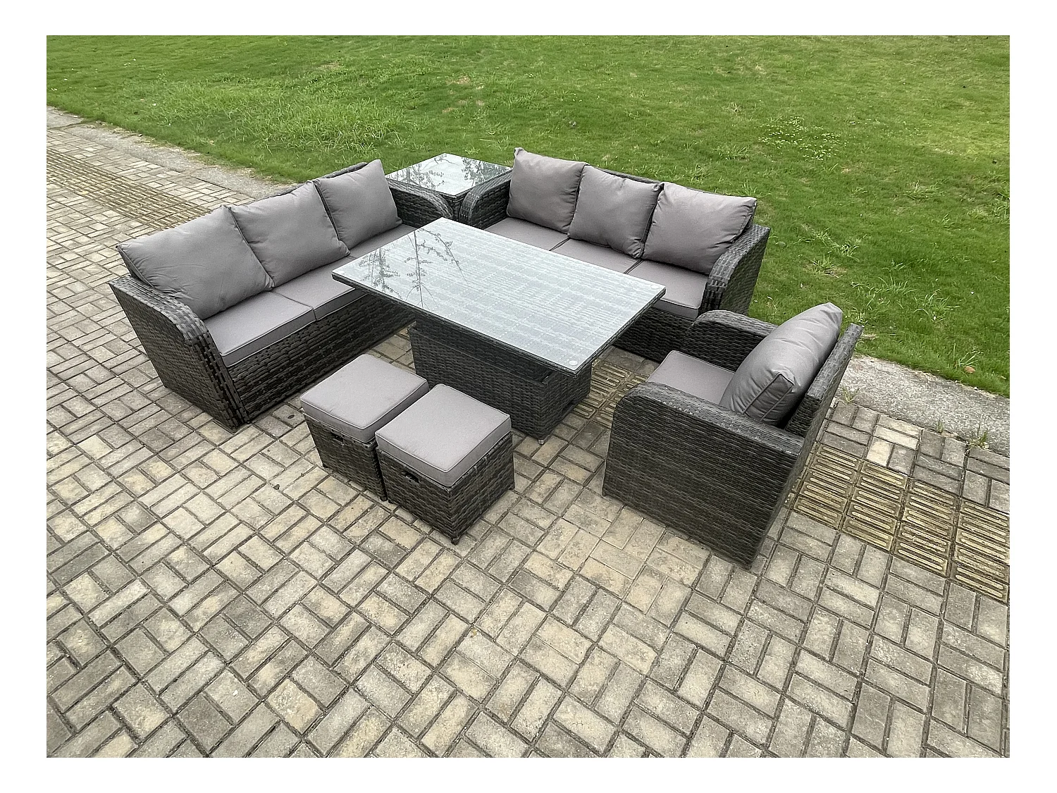 Salon de jardin Table à manger réglable en hauteur Canapé avec Chaise inclinable Table d'appoint 2 Petits tabourets Gris foncé mixte