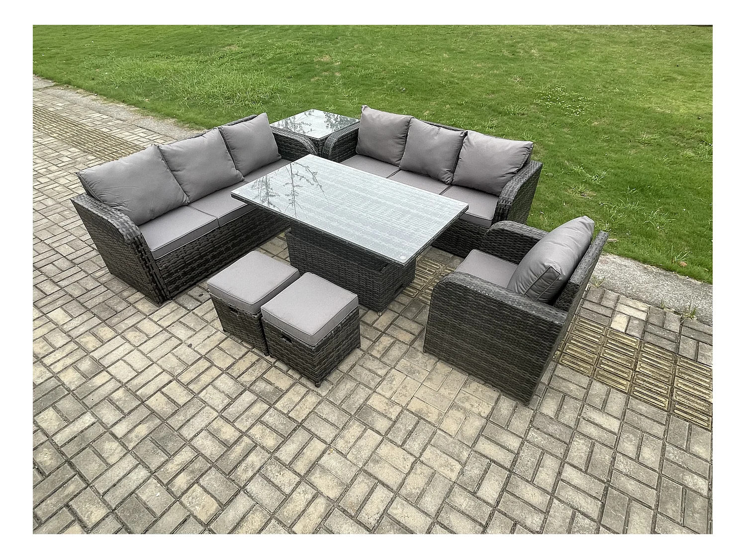 Salon de jardin Table à manger réglable en hauteur Canapé avec Chaise inclinable Table d'appoint 2 Petits tabourets Gris foncé mixte