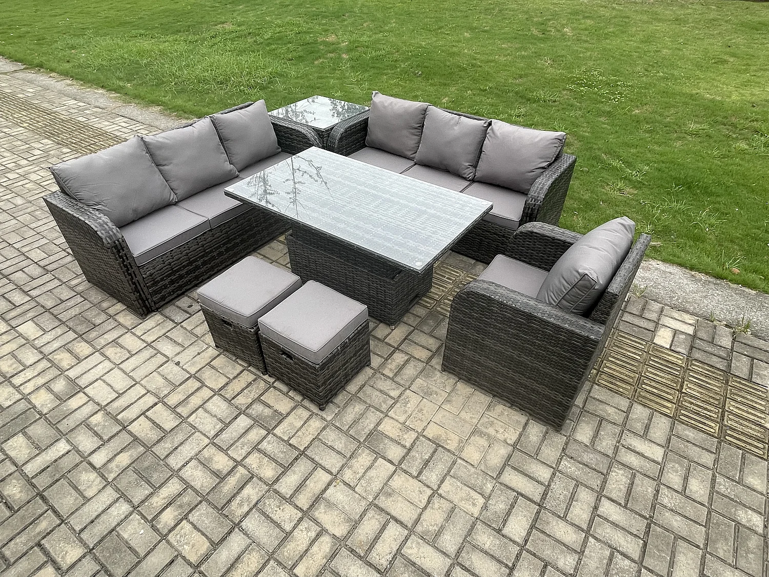 Salon de jardin Table à manger réglable en hauteur Canapé avec Chaise inclinable Table d'appoint 2 Petits tabourets Gris foncé mixte