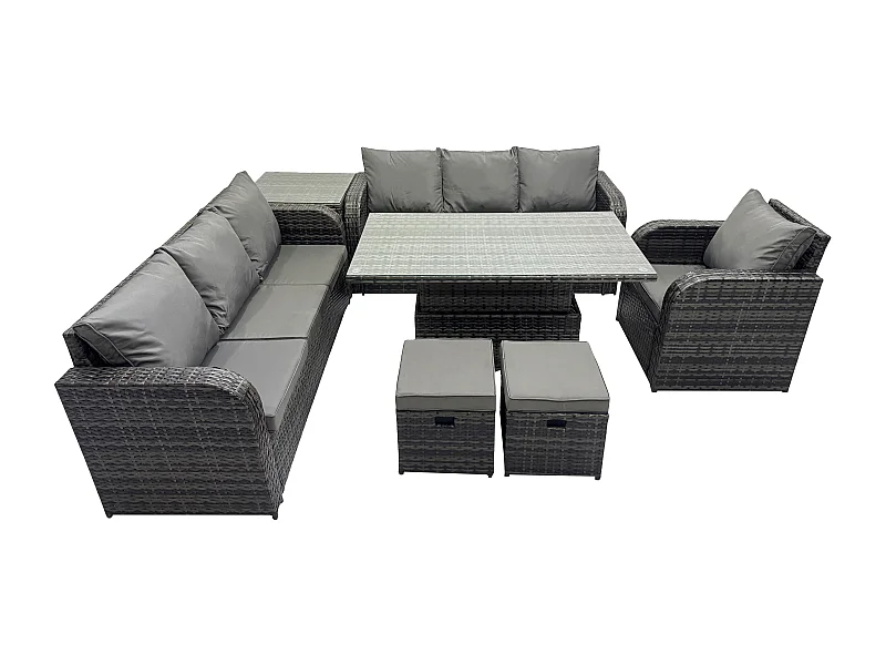 Salon de jardin Table à manger réglable en hauteur Canapé avec Chaise inclinable Table d'appoint 2 Petits tabourets Gris foncé mixte