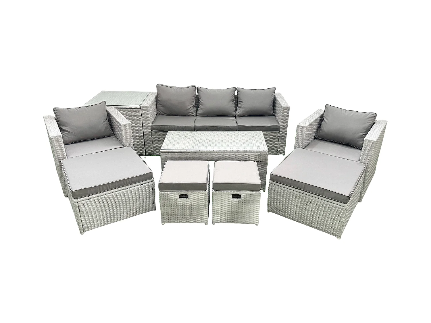 Salon de Jardin Ensemble avec Coussins gris 9 places avec 2 Chaises et Table basse