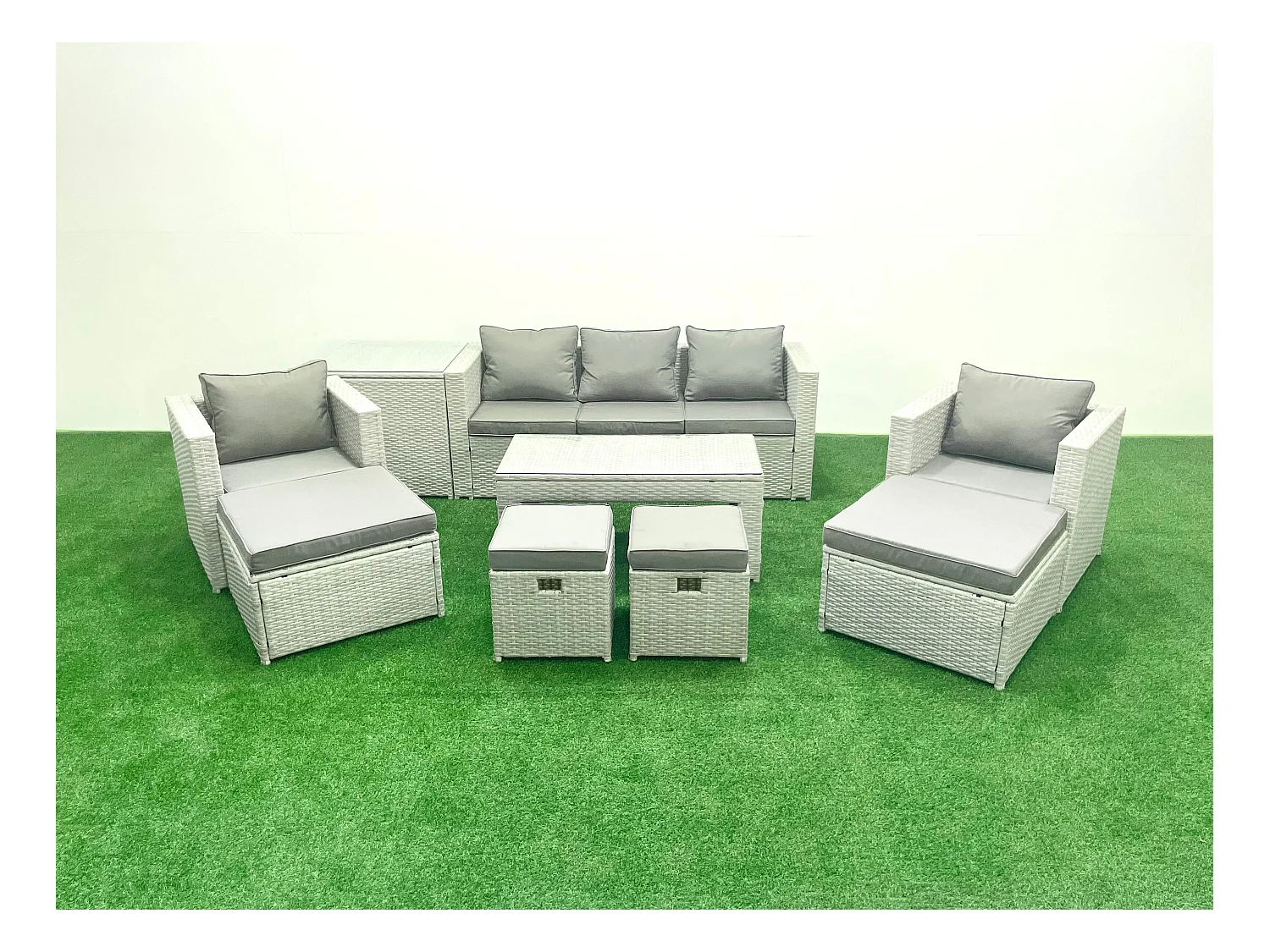 Salon de Jardin Ensemble avec Coussins gris 9 places avec 2 Chaises et Table basse