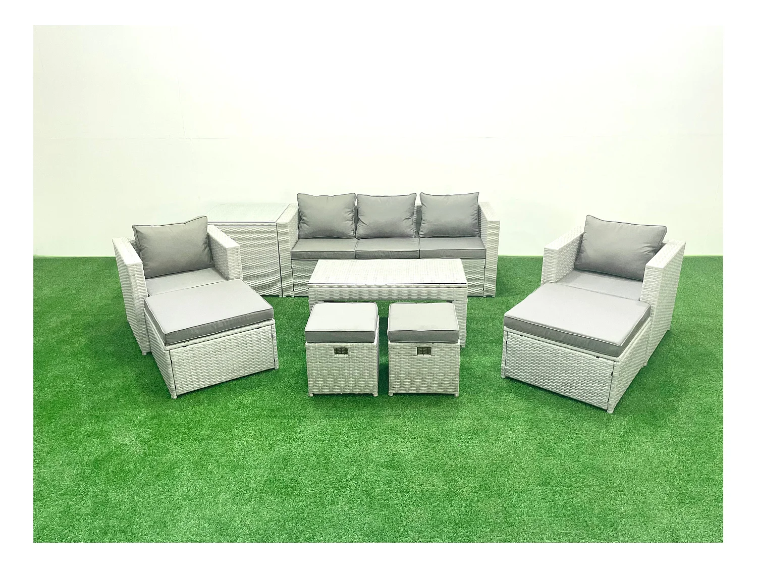 Salon de Jardin Ensemble avec Coussins gris 9 places avec 2 Chaises et Table basse