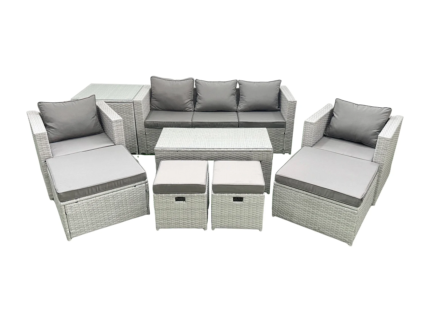 Polyrattan Gartenmöbelset mit Graue Kissen 9-Sitzer mit 2 Sesseln und Couchtisch