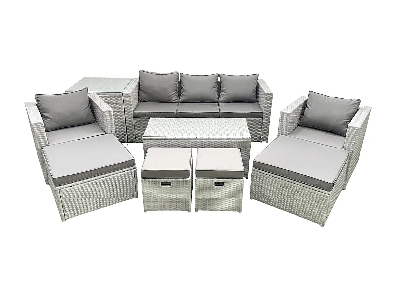 Polyrattan Gartenmöbelset mit Graue Kissen 9-Sitzer mit 2 Sesseln und Couchtisch
