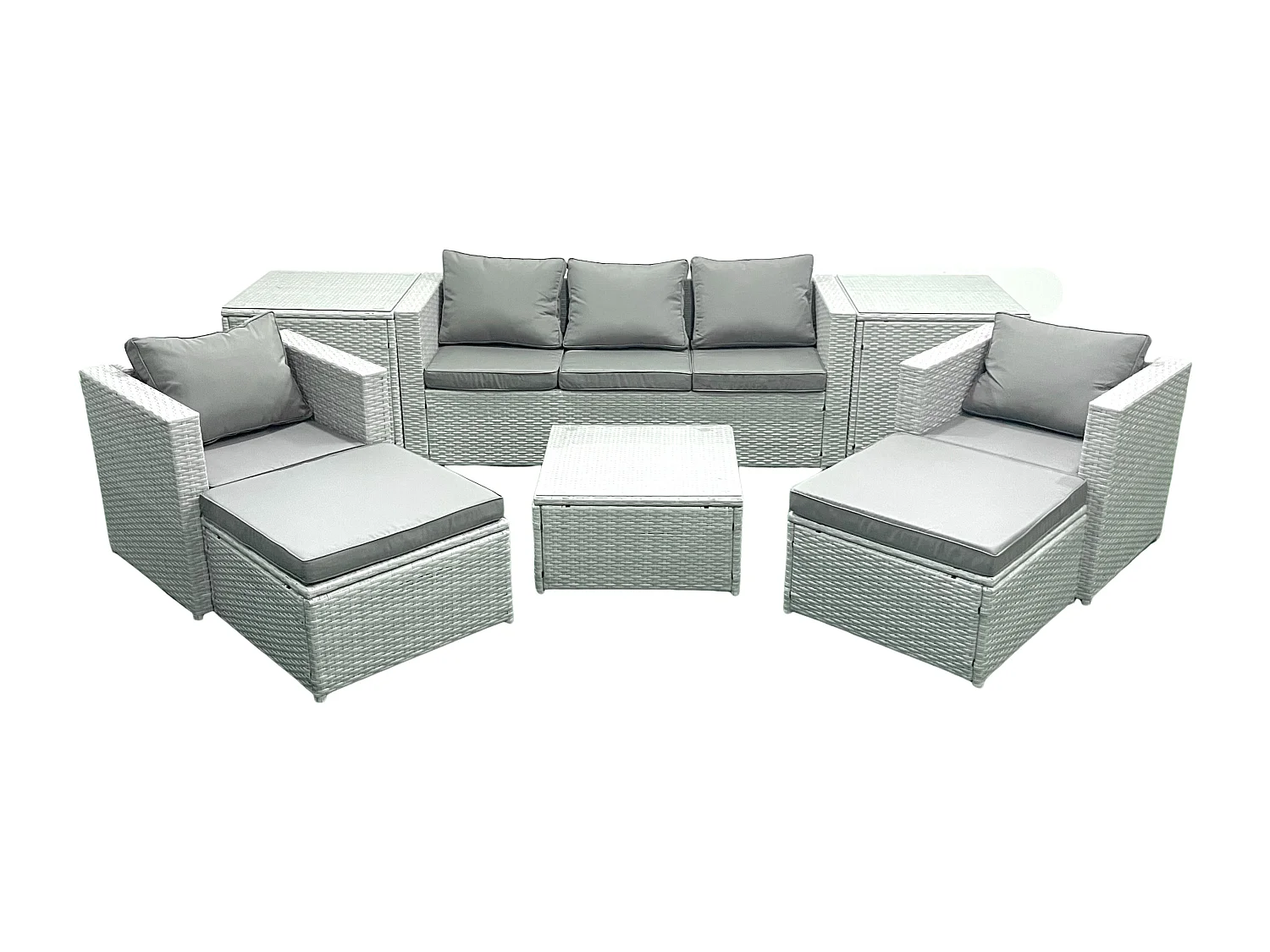 7 places Salon de jardin avec Canapé 3 places 2 Chaise Table basse carrée 2 Grand tabourets 2 Tables d'appoint Gris clair mixte