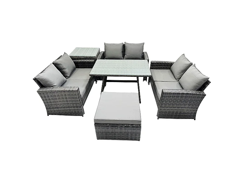 7-Sitzer Hoher Rücken Rattan Gartenmöbel Sets mit Rechteckiger Esstisch Loveseat Sofa 2 Großer Hockern Beistelltisch