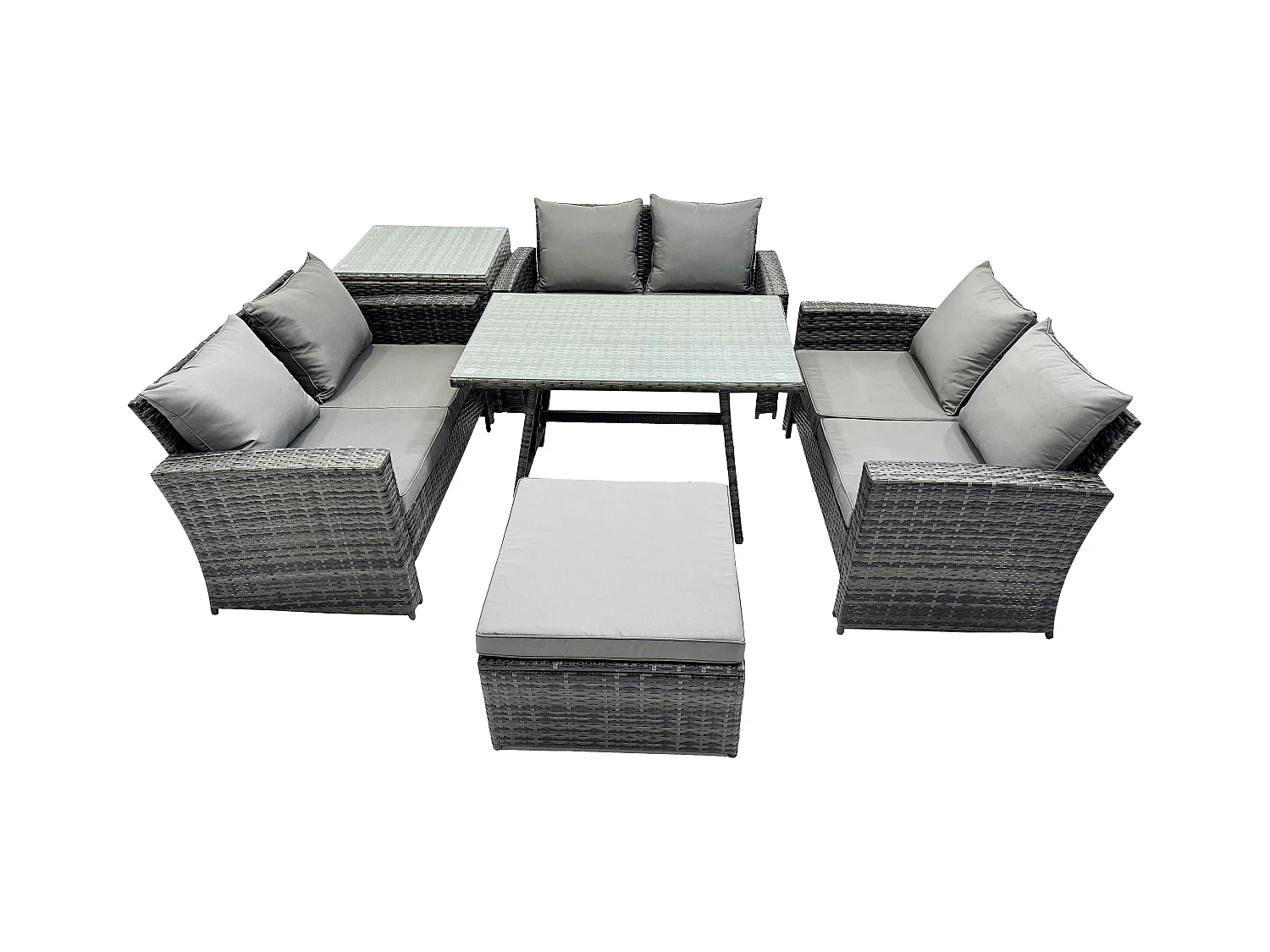 7-Sitzer Hoher Rücken Rattan Gartenmöbel Sets mit Rechteckiger Esstisch Loveseat Sofa 2 Großer Hockern Beistelltisch