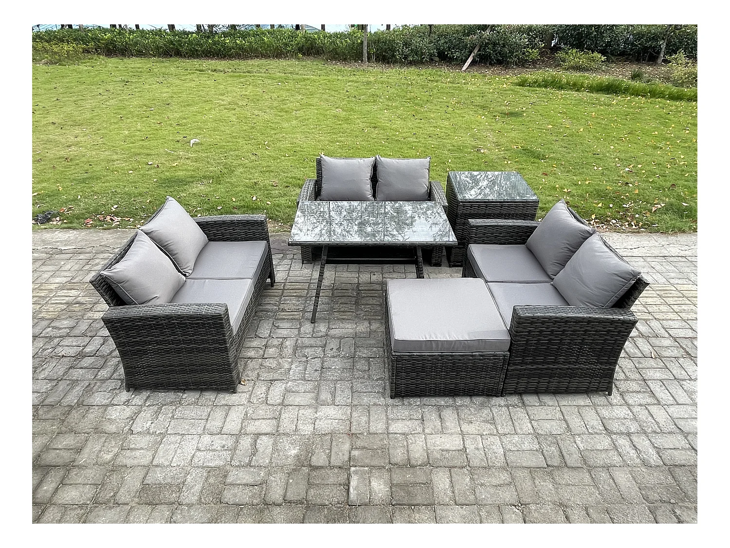 7-Sitzer Hoher Rücken Rattan Gartenmöbel Sets mit Rechteckiger Esstisch Loveseat Sofa 2 Großer Hockern Beistelltisch