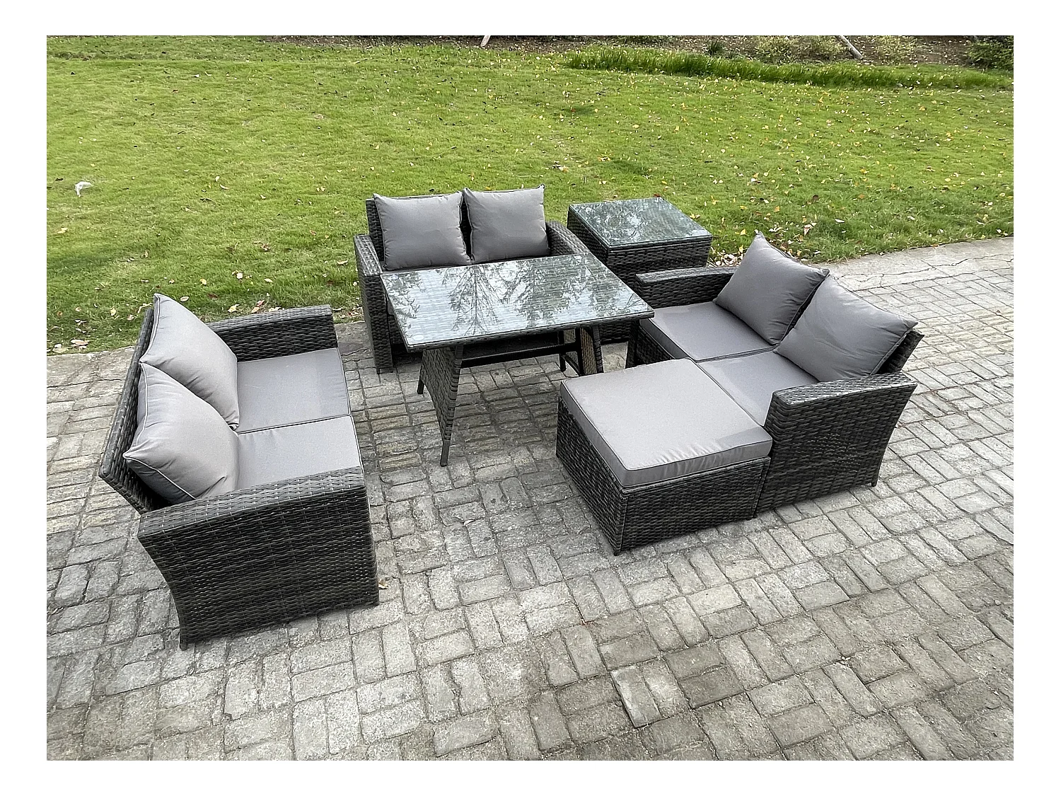 7-Sitzer Hoher Rücken Rattan Gartenmöbel Sets mit Rechteckiger Esstisch Loveseat Sofa 2 Großer Hockern Beistelltisch