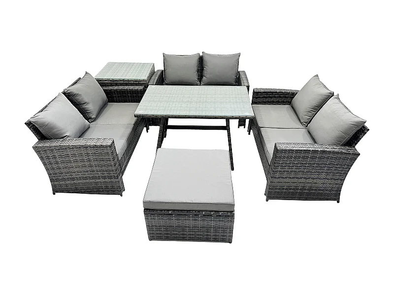 7 places Ensemble de Meubles de Jardin avec Table à manger rectangulaire Canapé à deux places Grand tabouret Table d'appoint