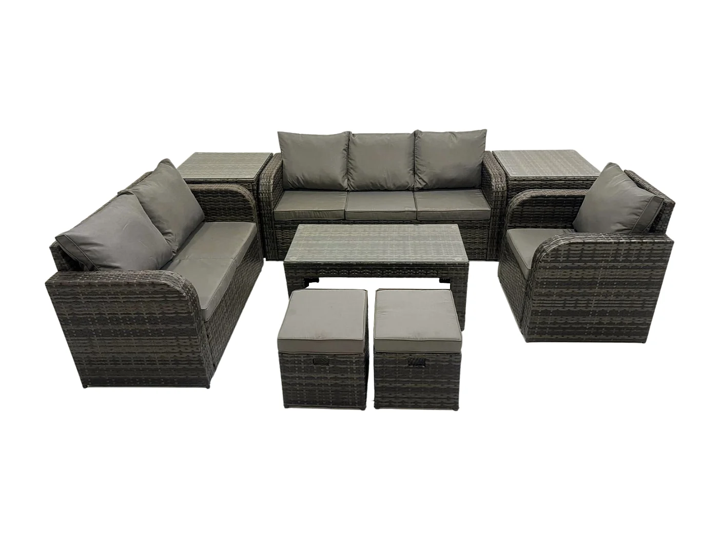 Hoher Rücken Polyrattan Gartenmöbel Set mit Loveseat Sofa Rechteckiger Couchtisch 2 Beistelltischen 2 kleine Fußhockern Garten Lounge Set Dunkelgrau Gemischt