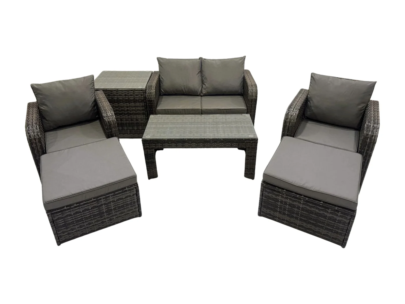 Garten Sofa im Freien Set Polyrattan Gartenmöbel Set mit Liegestühle Couchtisch Beistelltisch 2 hohen Hockern Dunkelgrau Gemischt