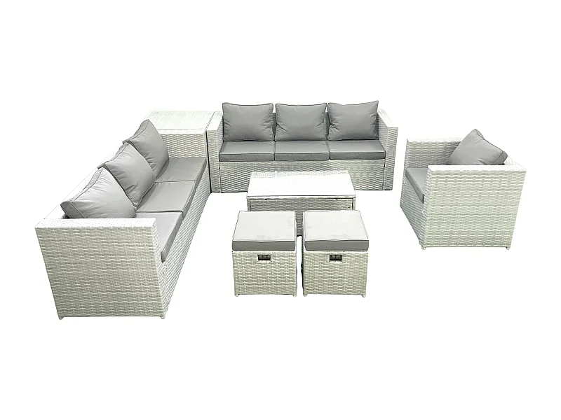 Meubles d'extérieur en rotin avec Fauteuil Table basse oblongue 2 Petits tabourets Table d'appoint Gris clair mixte