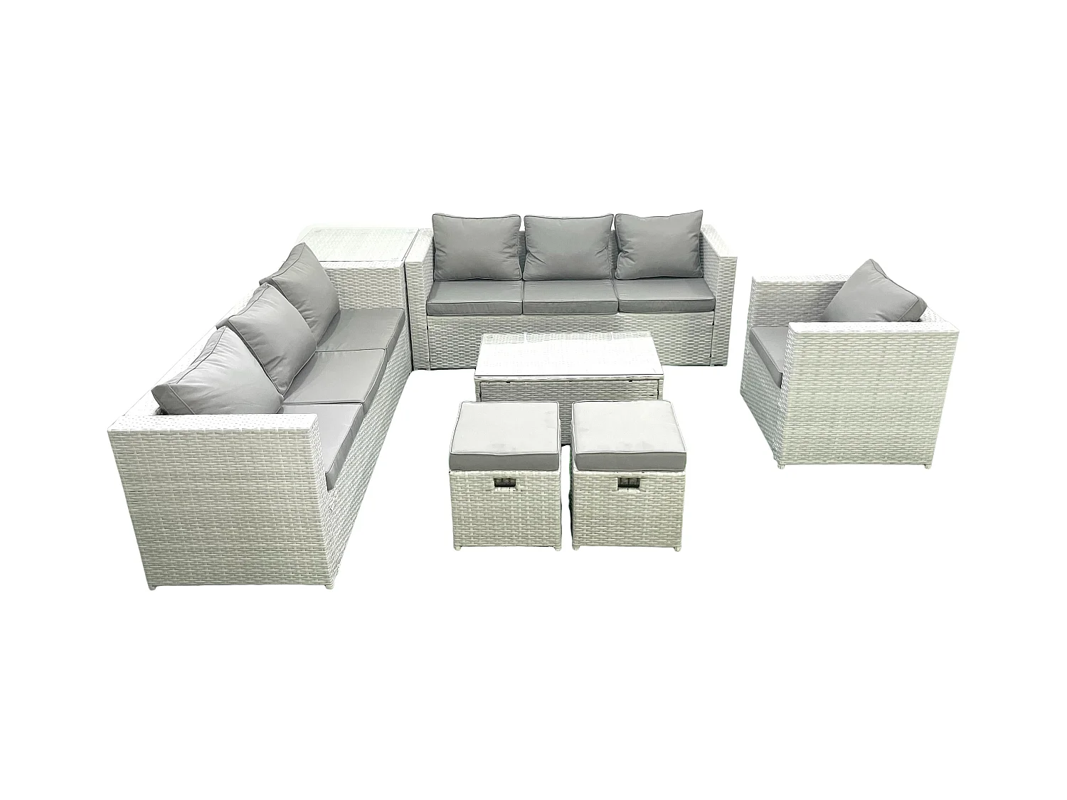 Meubles d'extérieur en rotin avec Fauteuil Table basse oblongue 2 Petits tabourets Table d'appoint Gris clair mixte