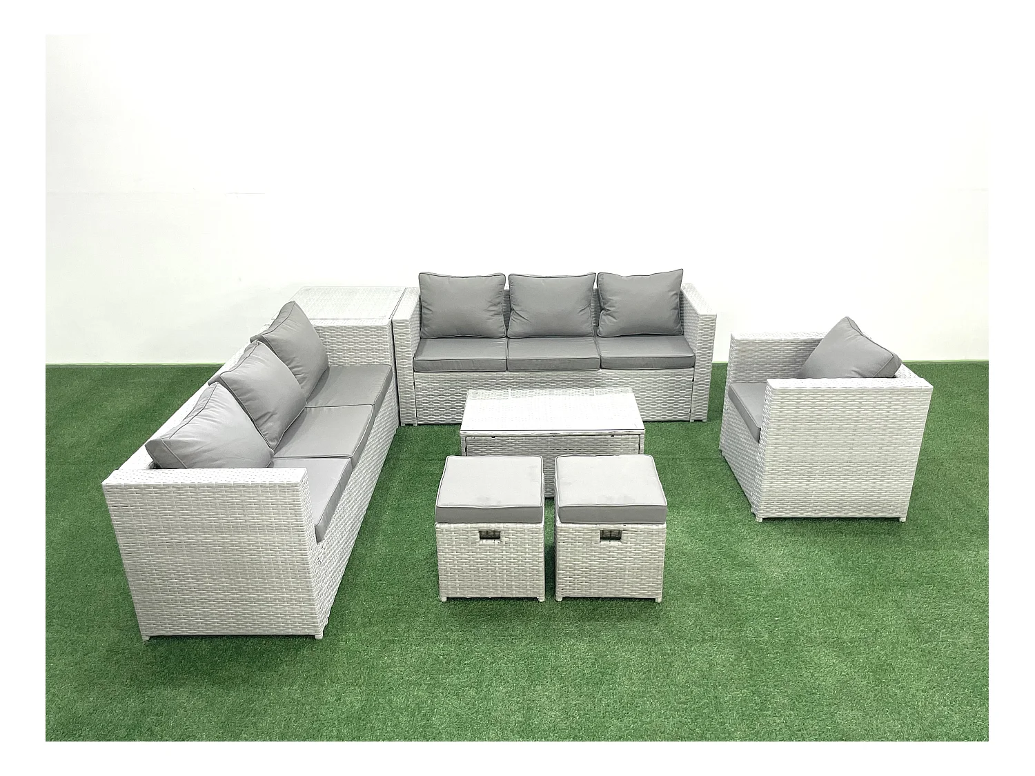 Meubles d'extérieur en rotin avec Fauteuil Table basse oblongue 2 Petits tabourets Table d'appoint Gris clair mixte