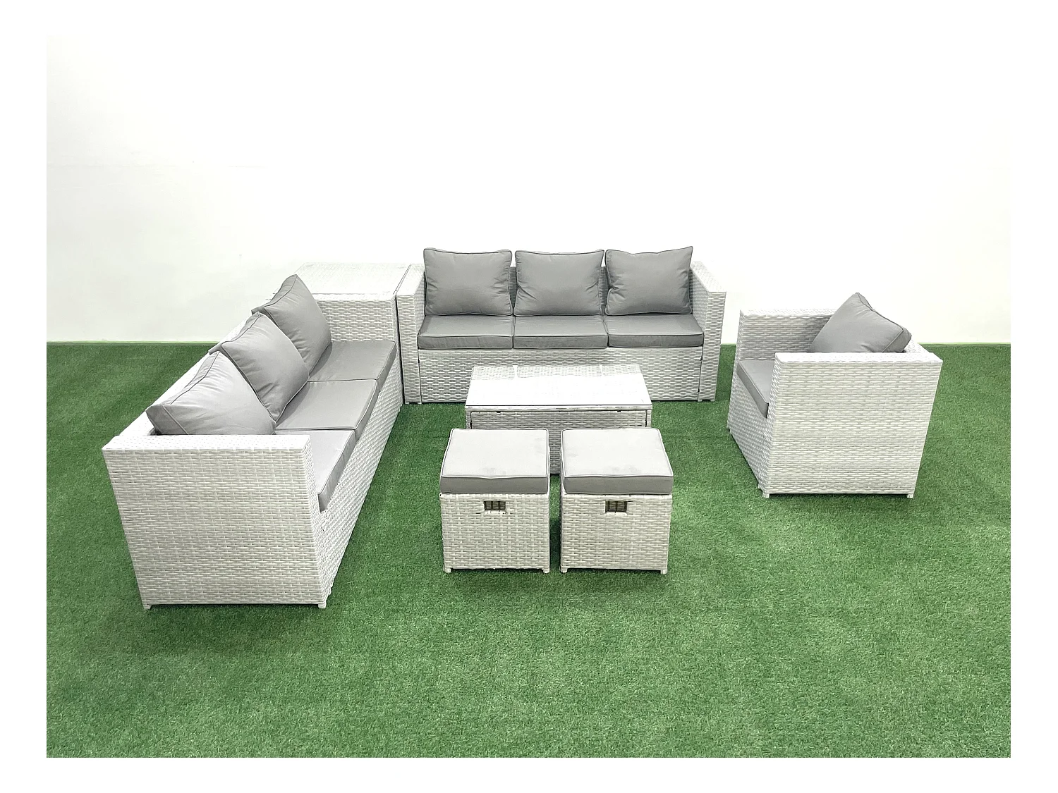 Meubles d'extérieur en rotin avec Fauteuil Table basse oblongue 2 Petits tabourets Table d'appoint Gris clair mixte