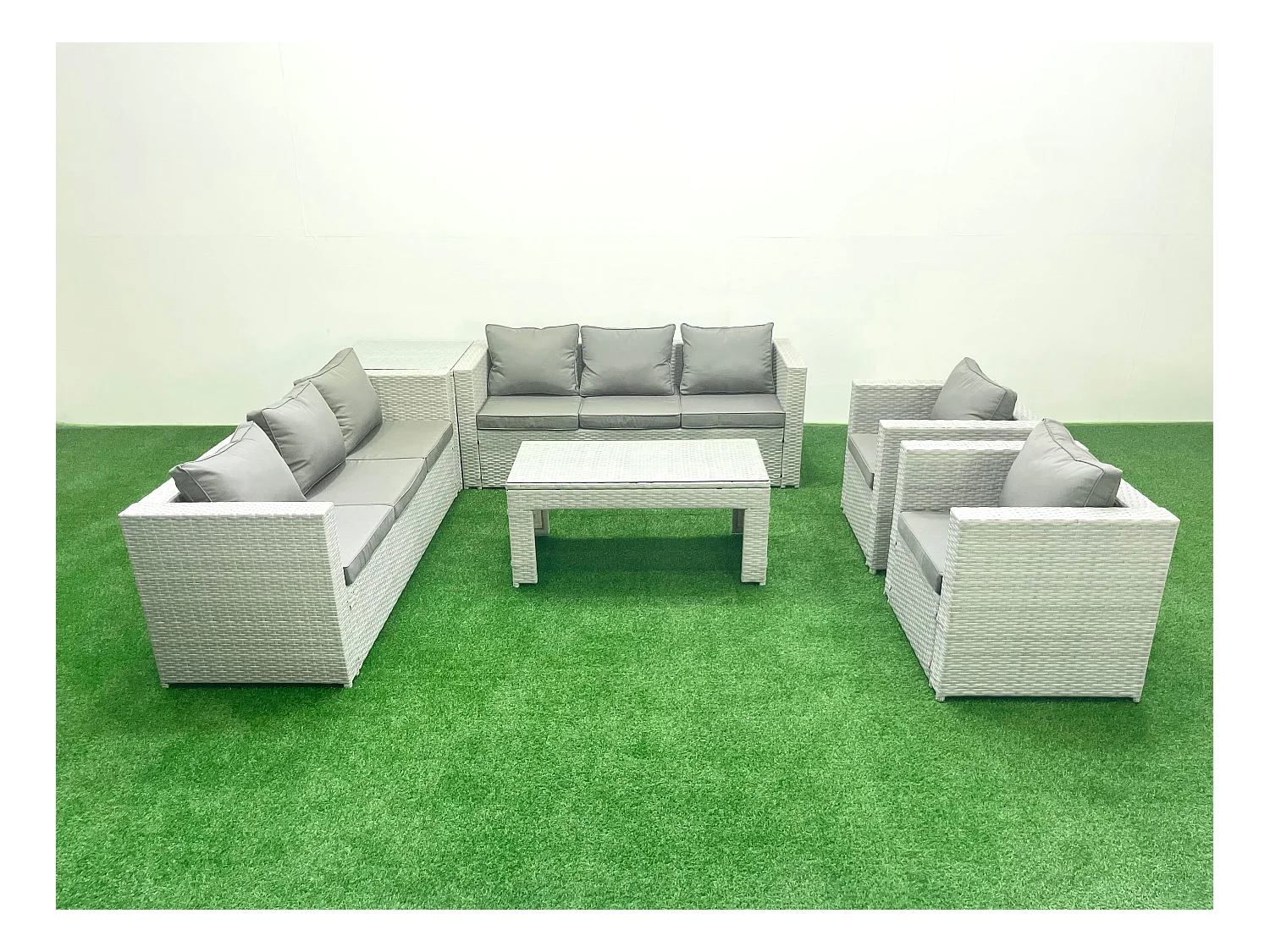 Gartenmöbelset Polyrattan mit 2 Sesseln Rechteckiger Couchtisch Beistelltisch Hellgrau gemischt