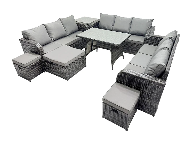 12 places Salon de jardin avec Table à manger rectangulaire Table d'appoint 3 Tabourets Patio Ensemble de canapés en rotin
