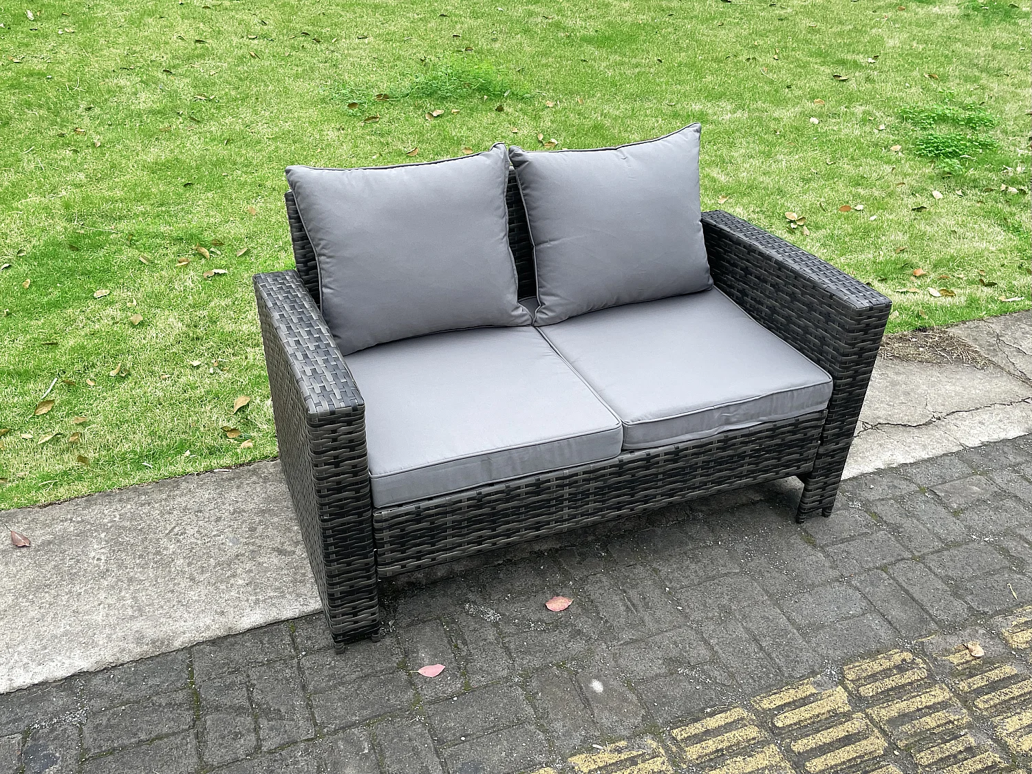 Fimous Garden Furniture Sets 4 Pieces Wicker Rattan Furniture Manual Wicker Patio Sofa Patio Conversation Set with Side Table Dark Grey Mixed