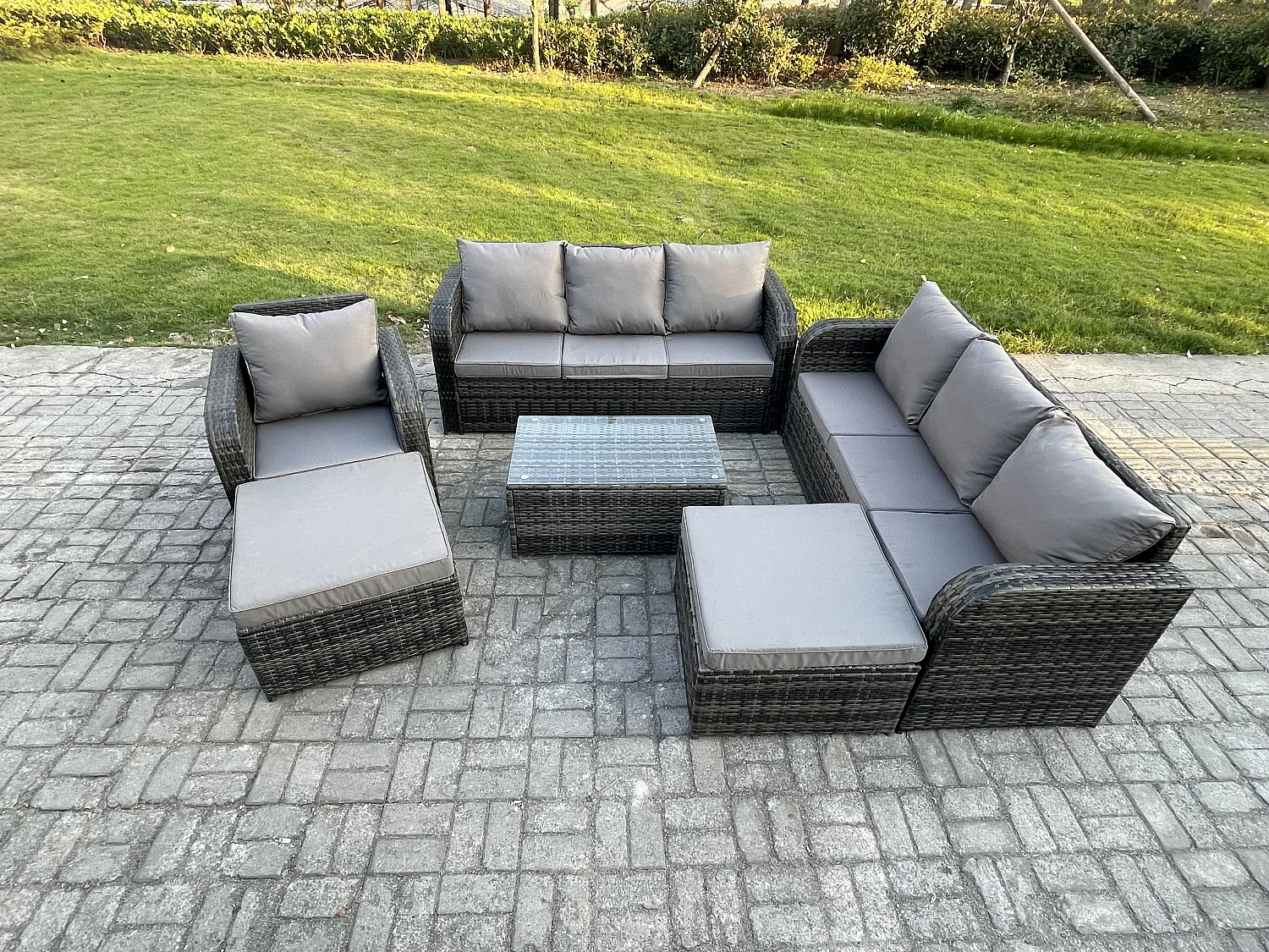 Polyrattan Gartenmöbel Set 9-Sitzer Garten Sofa im Freien Set mit Couchtisch 2 hohen Hockern Dunkelgrau Gemischt
