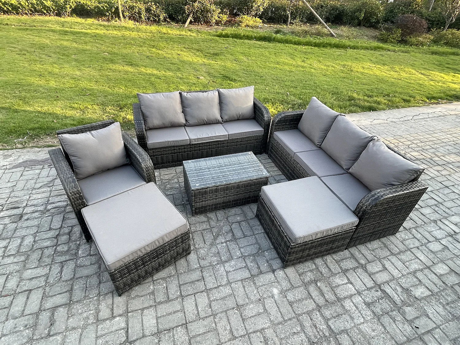 Polyrattan Gartenmöbel Set 9-Sitzer Garten Sofa im Freien Set mit Couchtisch 2 hohen Hockern Dunkelgrau Gemischt