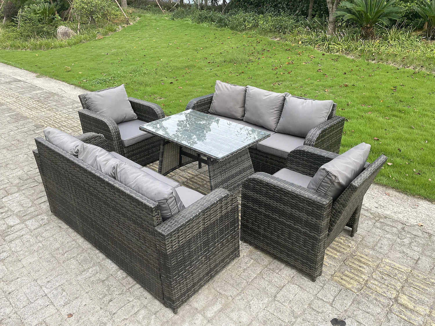 Ensemble de meubles de jardin en polyrotin Table à manger Recling Arm Fauteuil Canapé Lounge 8 places