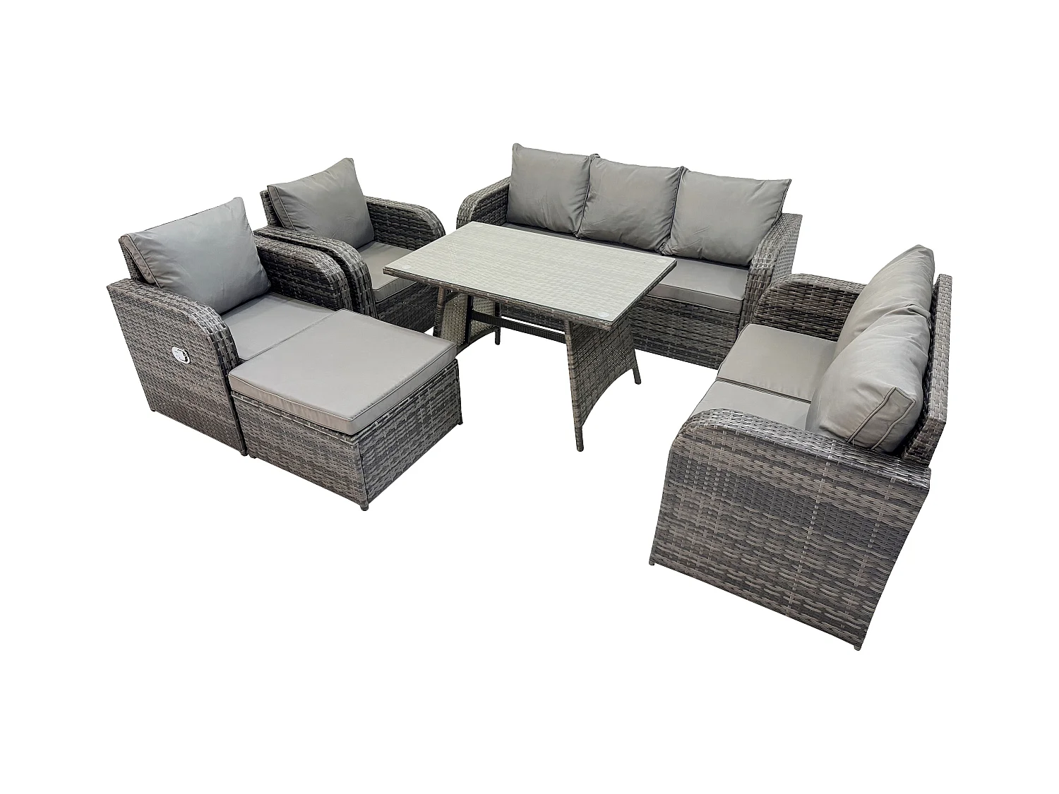 8 places Dossier haut Ensemble de meubles de jardin en rotin avec Table à manger Chaise inclinable Canapé 3 places Canapé d'amour Grand tabouret