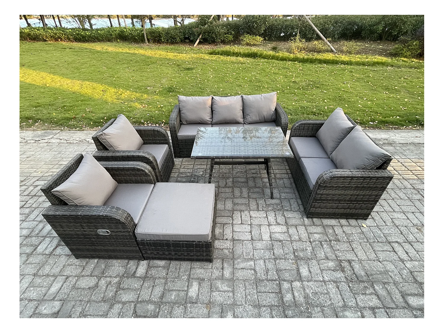 8 places Dossier haut Ensemble de meubles de jardin en rotin avec Table à manger Chaise inclinable Canapé 3 places Canapé d'amour Grand tabouret