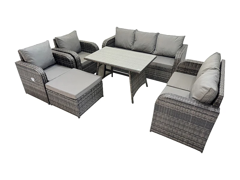 8-Sitzer Hoher Rücken Polyrattan Sofa Set Gartenmöbel Esstisch Set mit Liegestühle 3-Sitzer Sofa Love Sofa 2 Großer Hockern